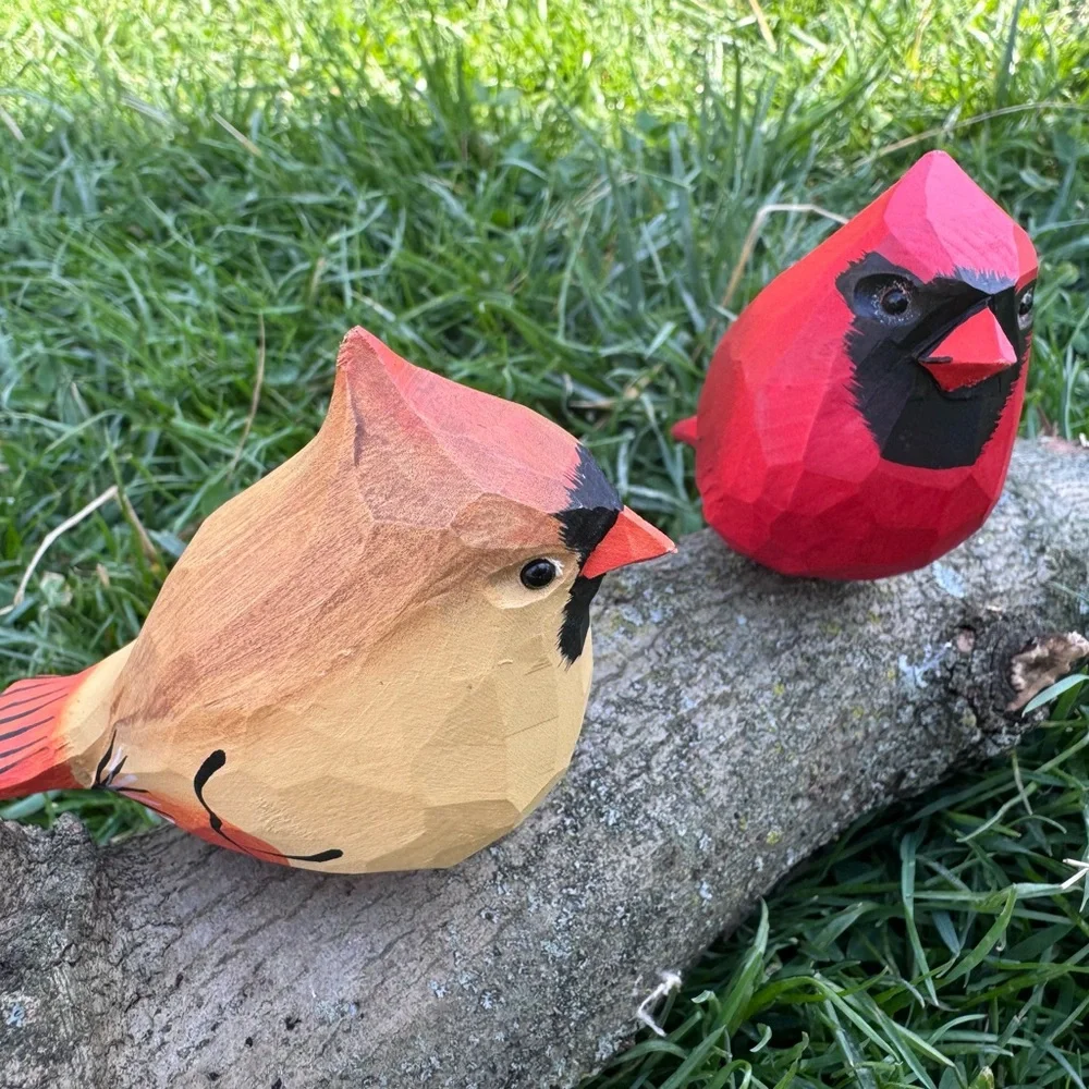 Handcrafted Wooden Bird Figurines - Red and Brown